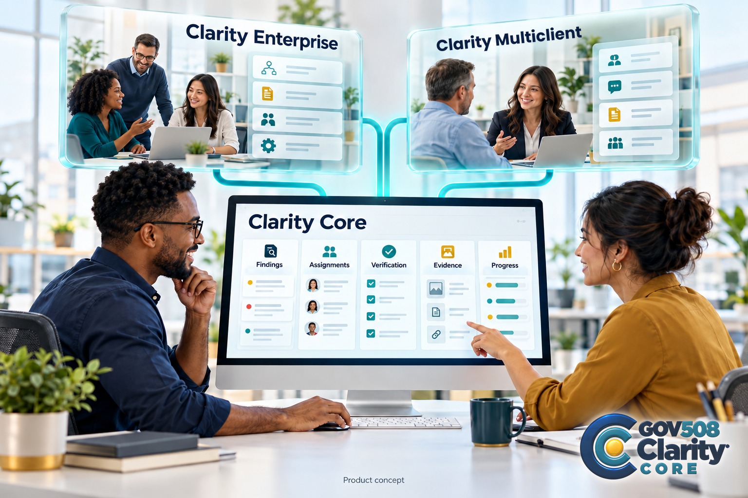 Two colleagues use a complete Clarity Core workspace for findings, assignments, verification, evidence, and progress. Connections lead from Core to Clarity Enterprise and Clarity Multiclient.