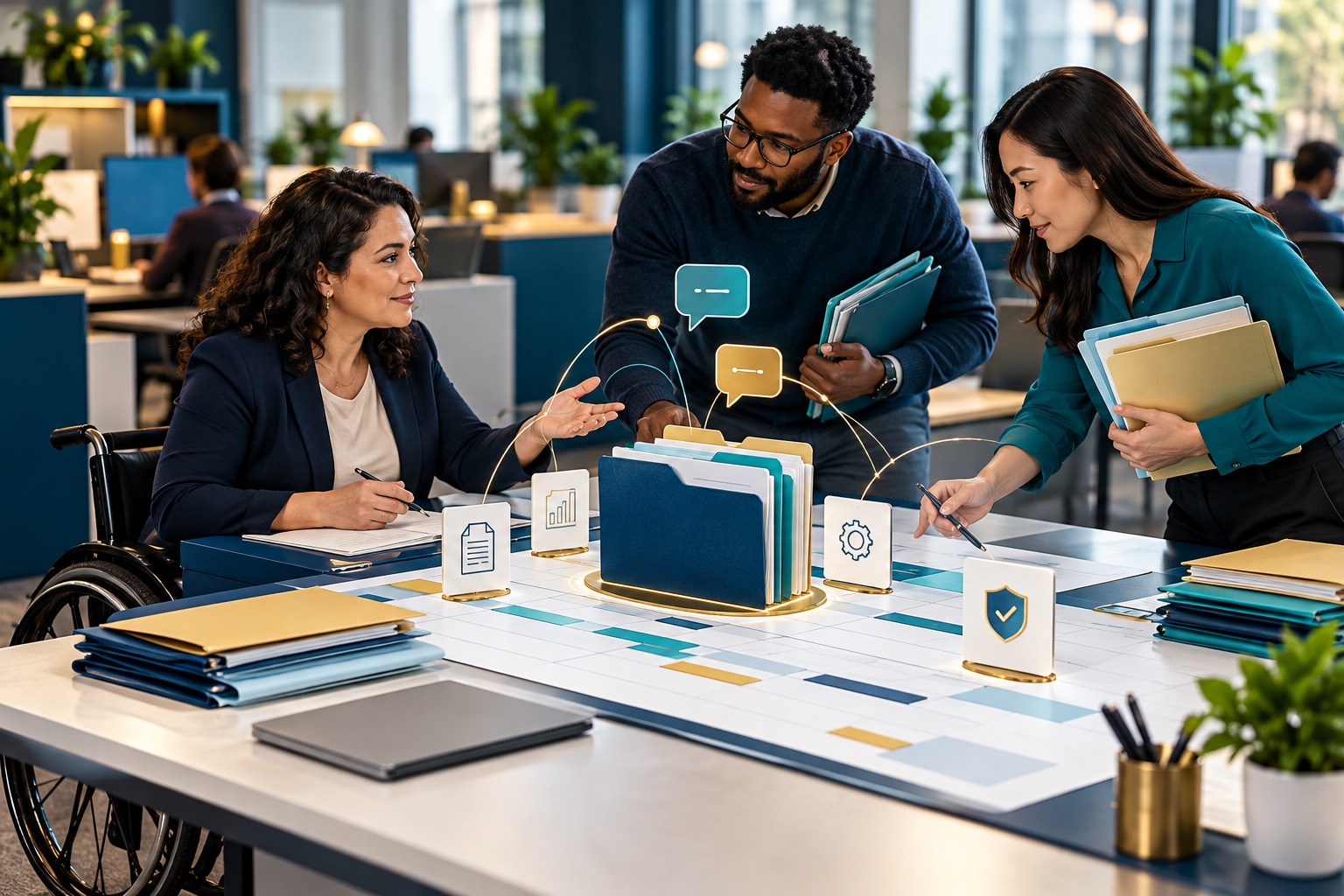 Internal department representatives coordinate a shared accessibility schedule, assignments, and evidence at one program workspace.